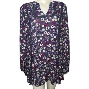 Lane‎ Bryant Floral V-Neck Crochet Trim Tunic Blouse Blue Purple Plus Size 14/16